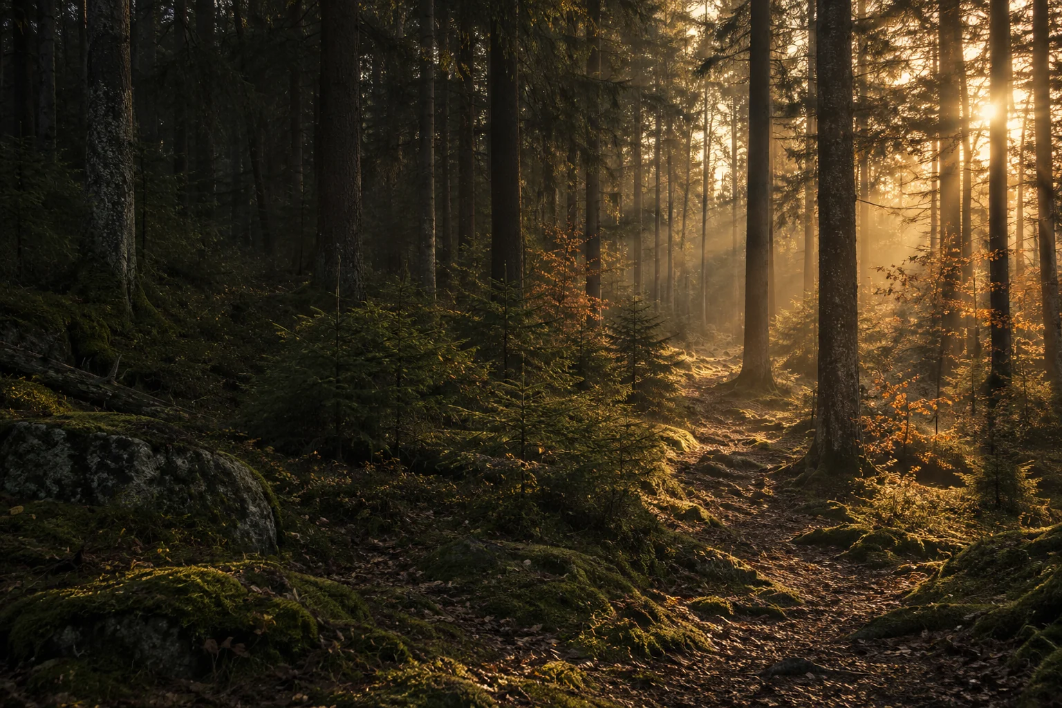 Gyldne solstråler mellem mørke træer i en rolig skov — stemningsillustration
